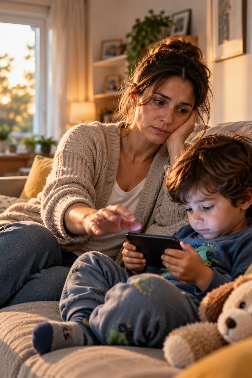 Mãe com a mão parada a meio caminho do celular enquanto o filho assiste a vídeos