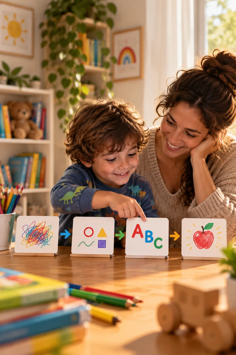 Mãe e filho à mesa com cartões que vão do rabisco às formas, às letras e à palavra maçã