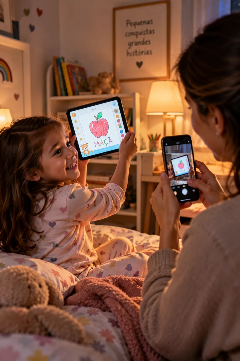 Criança mostrando com orgulho o desenho que acabou de pintar enquanto a mãe fotografa a tela